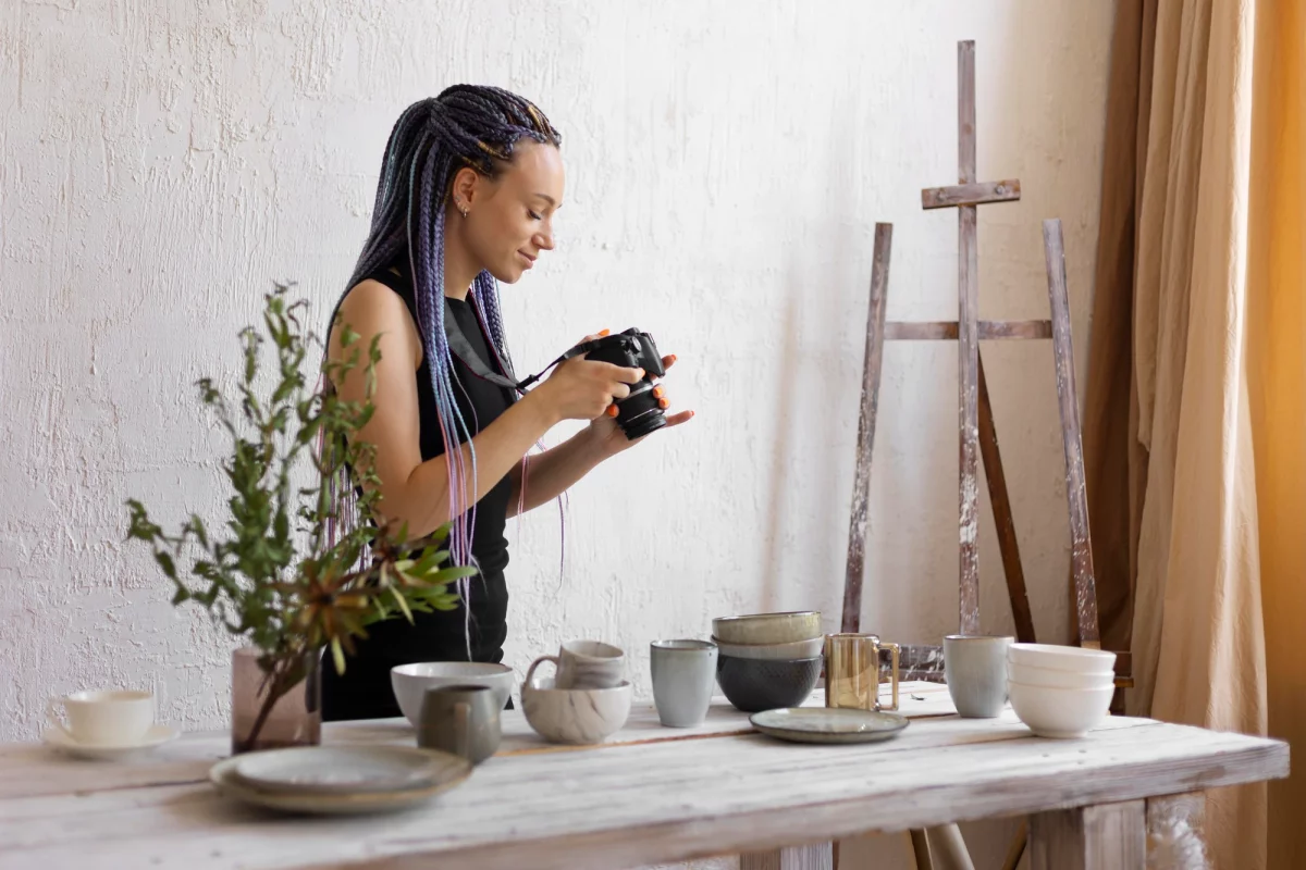 woman taking photos ceramic kitchenware 23 2149060846