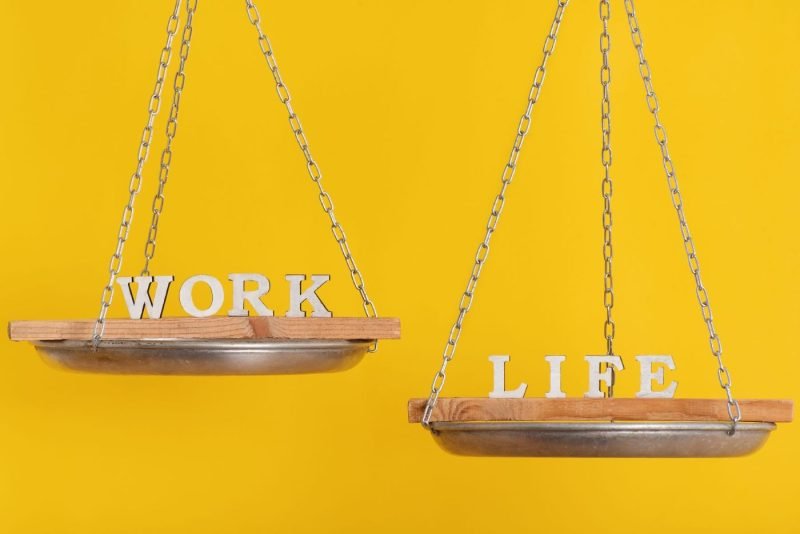 work vs life balance concept scales yellow background 1